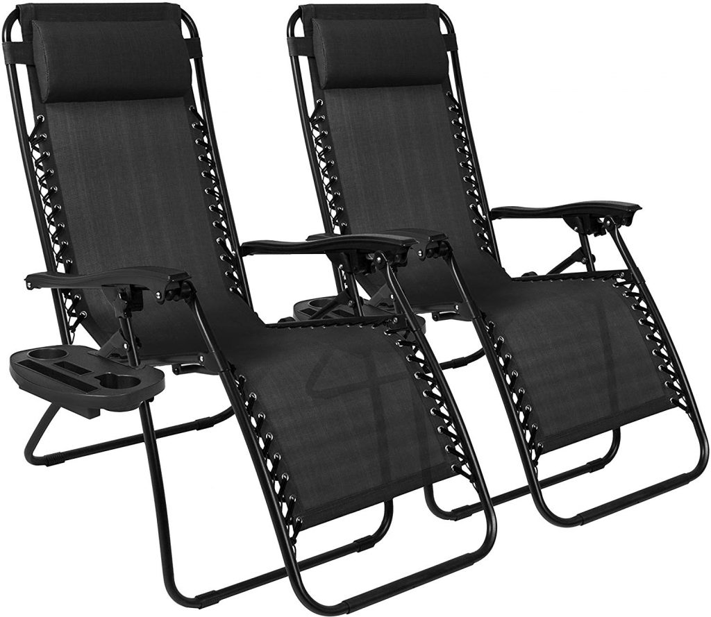 Zero Gravity Chairs w/Pillow and Cup Holder Black Set of 2 Safety