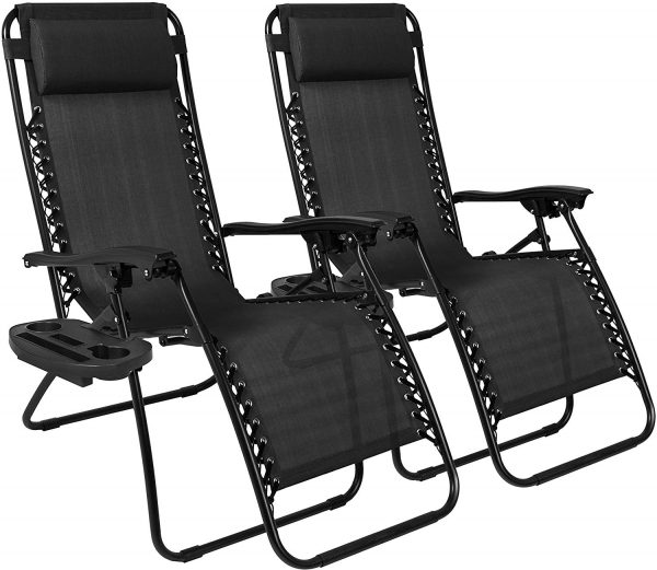 Zero Gravity Chairs w/Pillow and Cup Holder - Black Set of 2