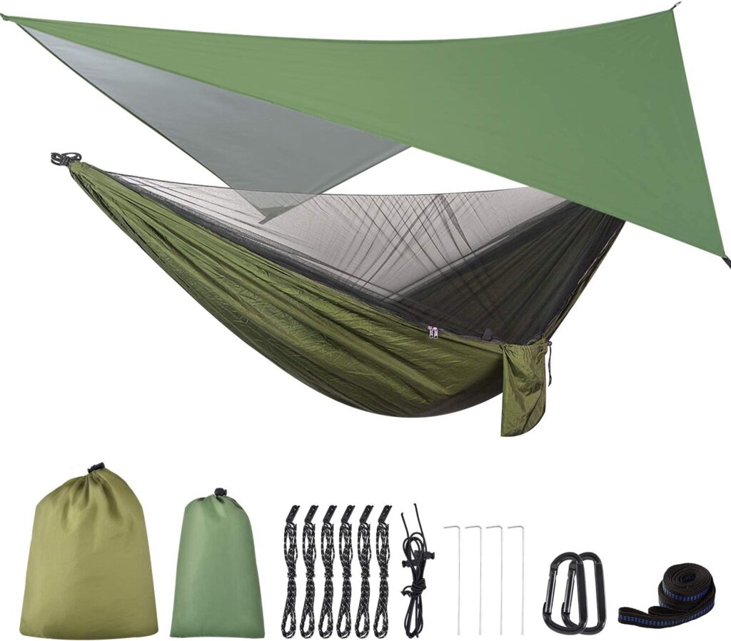 Camping Hammock w/Rain Fly Tarp and Mosquito Net, Green Safety