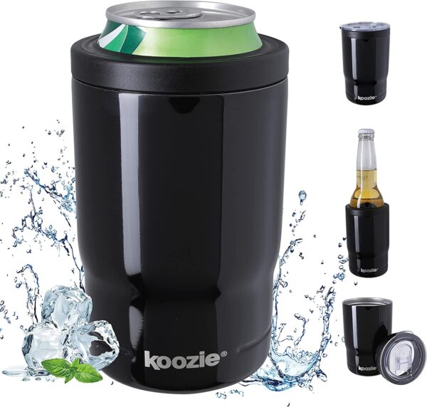 Koozie Stainless Steel 3 in 1 Can Cooler w/lid, Black, Min. Order 12 - $26.00 ea.