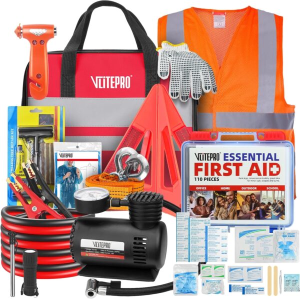 Car Emergency Roadside Kit w/Air Compressor and Jumper Cables