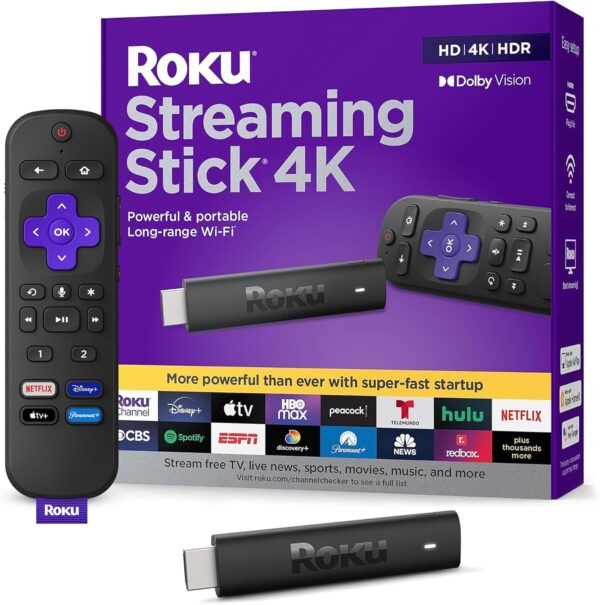 Roku Streaming Stick 4K - HDR & Dolby Vision w/Voice Remote & Long Range Wi-Fi - Free & Live TV
